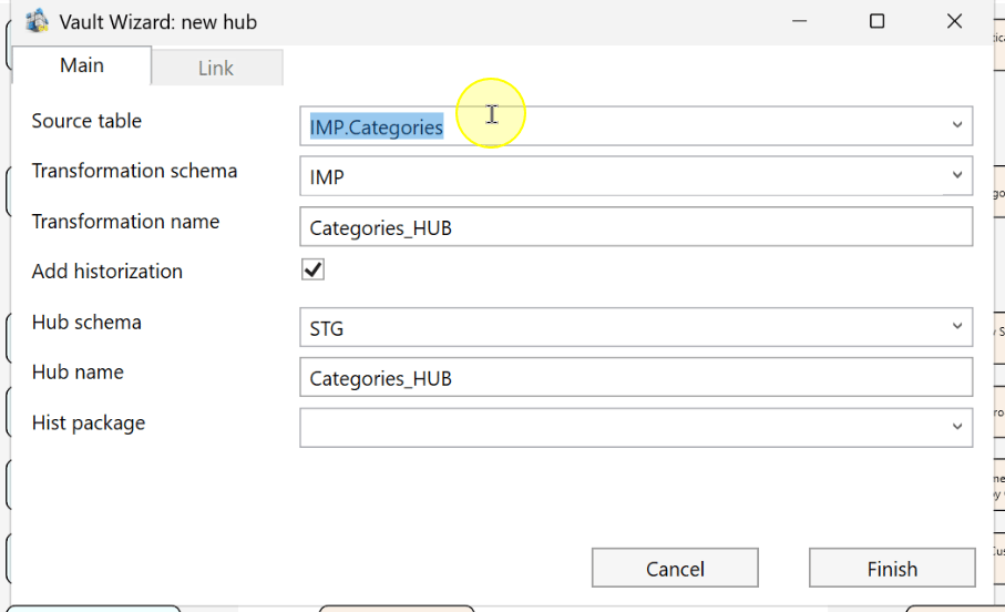 Confirm the source table in the new-hub wizard