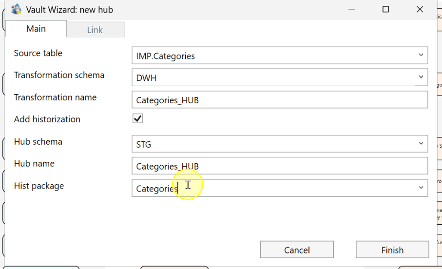 Review the hub schema, hub name, historization, and package