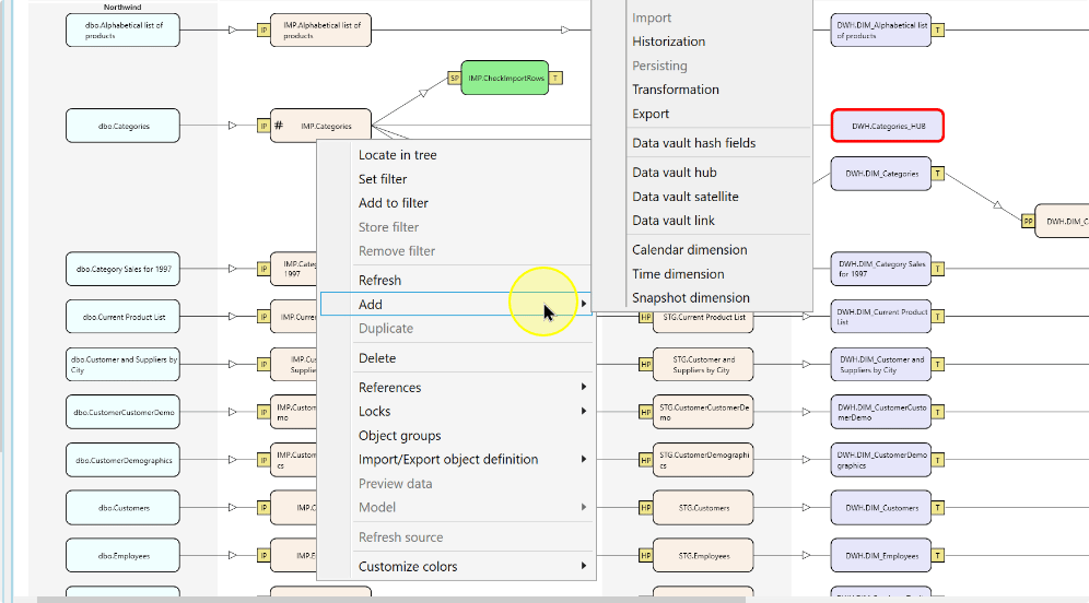 The source-table Add submenu includes Data Vault commands