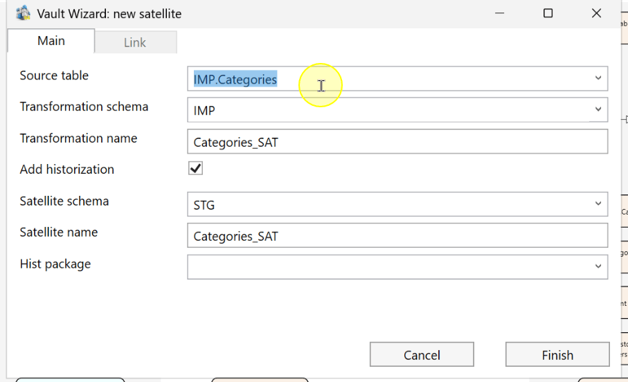 Confirm the source table in the new-satellite wizard