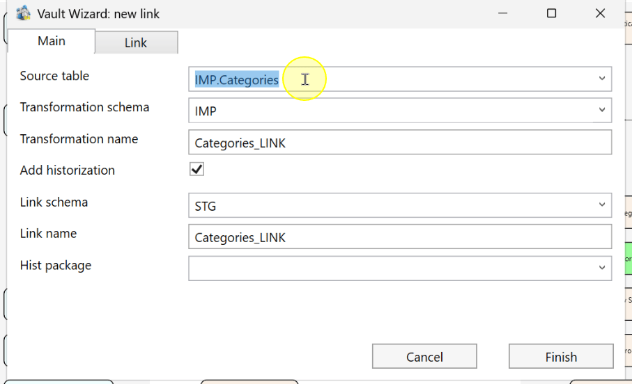 Confirm the source table in the new-link wizard