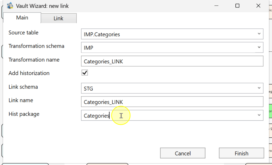 Select the link package and review historization