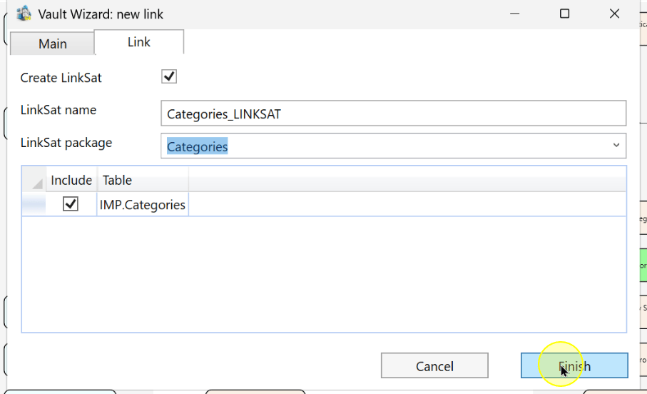 The new-link wizard provides Finish after LinkSat configuration