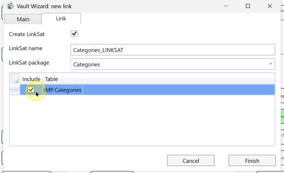 The Link tab includes a source-table selection grid