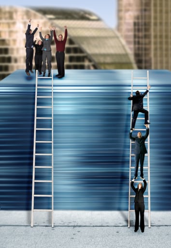 three business people climbing the corporate ladder, montage