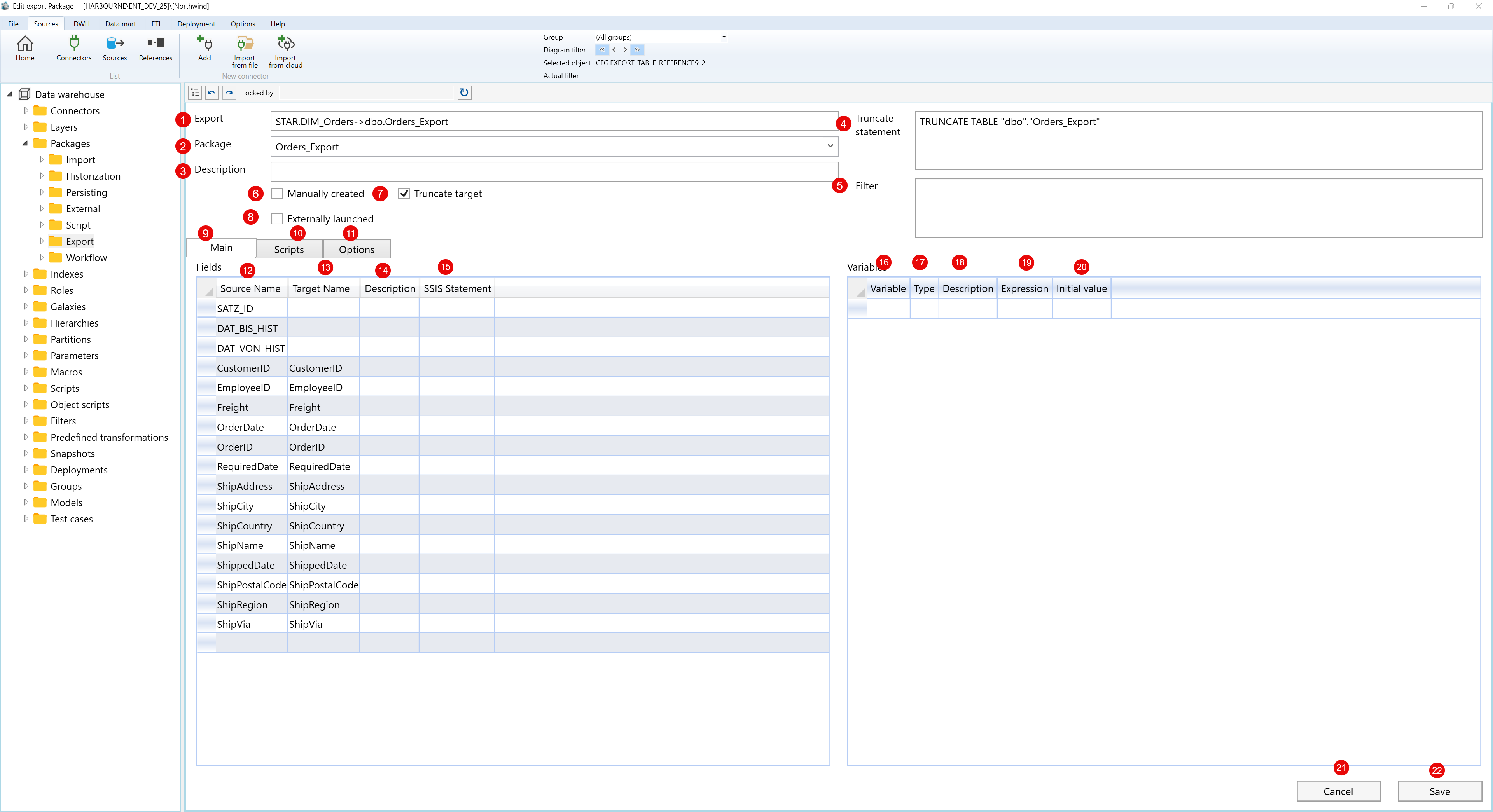 Edit Export page for maintaining a data export
