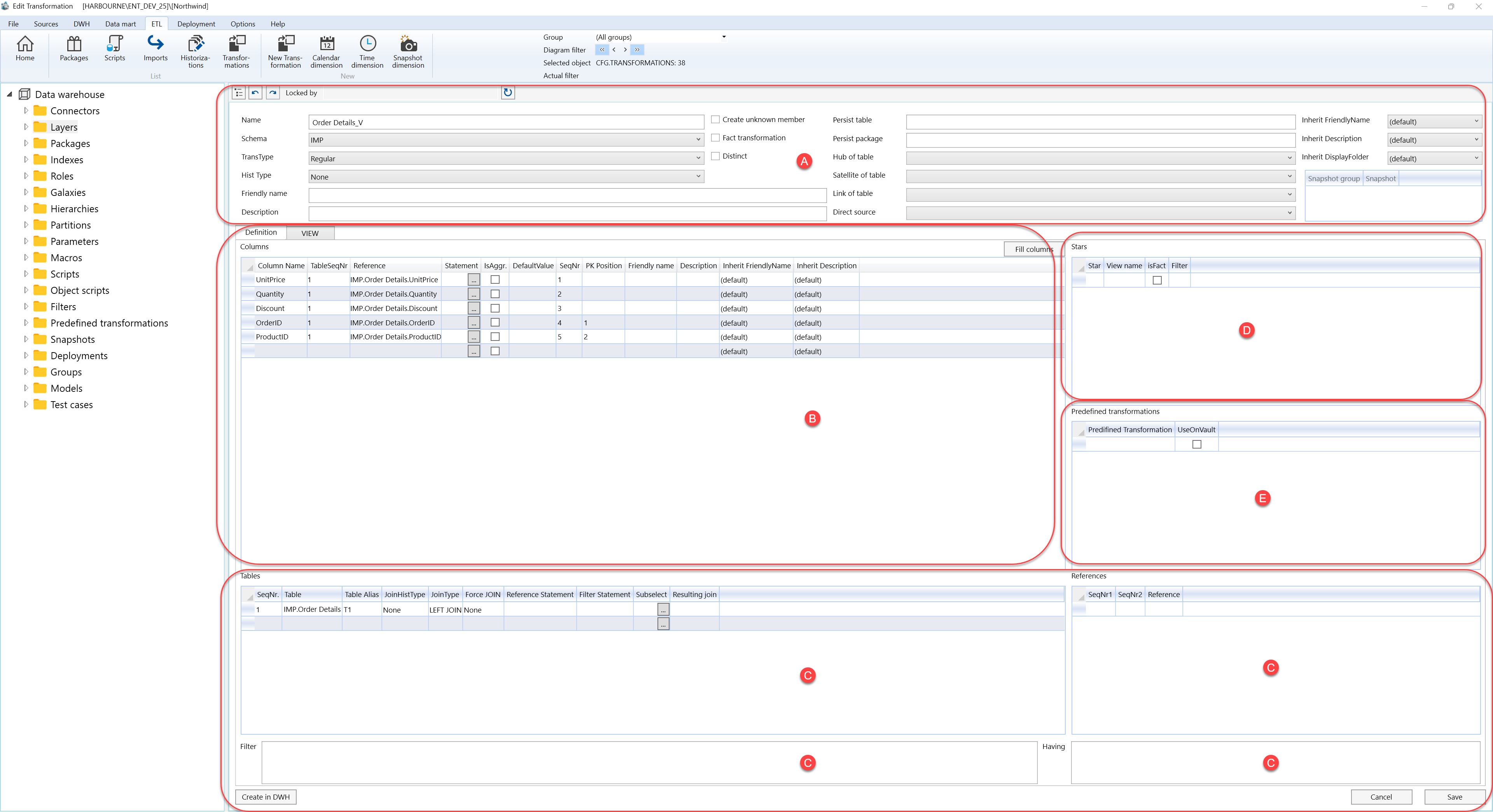 Transformation editor overview showing Definition, Columns, and Tables; a regular transformation is displayed